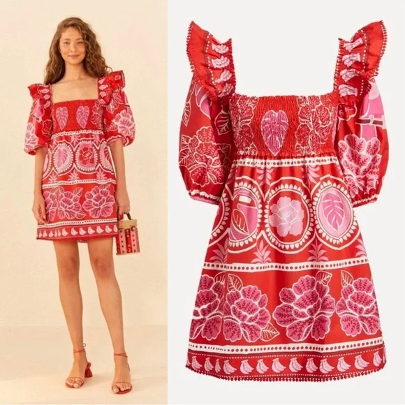 Farm Rio Summer Sunrise Puff Sleeve Tropical Mini Dress Size Medium NWT - Picture 1 of 4